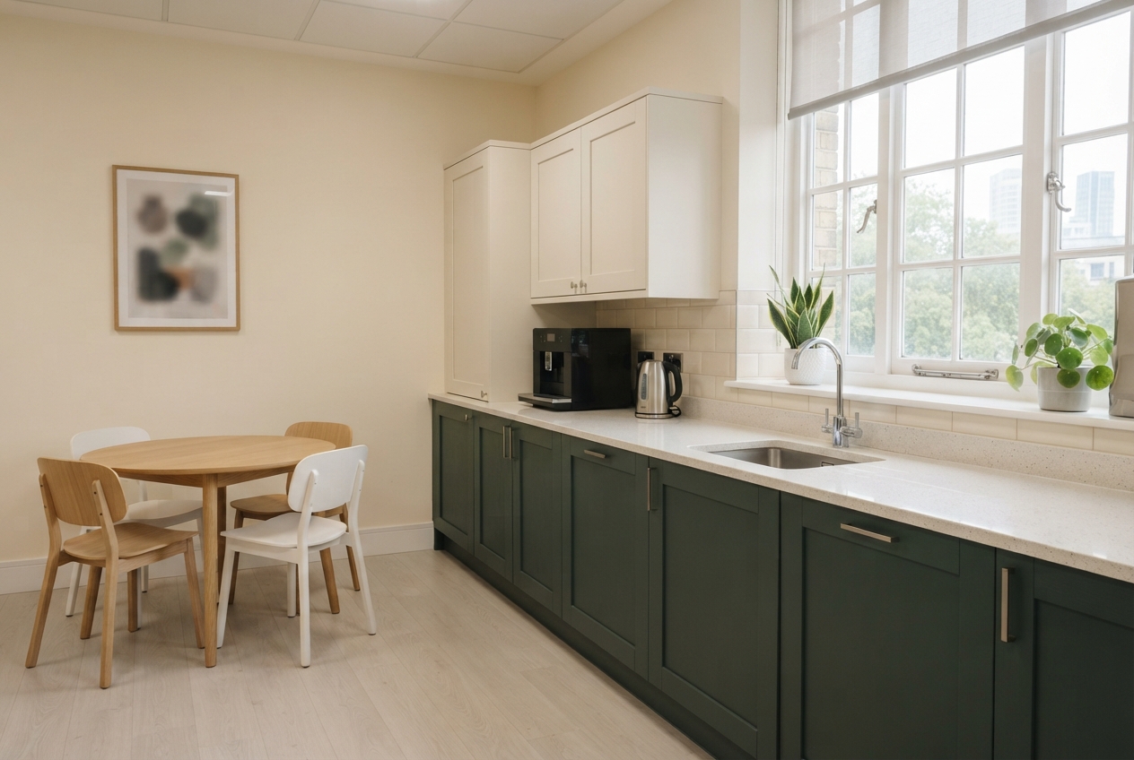 Bright modern kitchen with dark green cabinets, dining table, plants, and a large sunlit window.