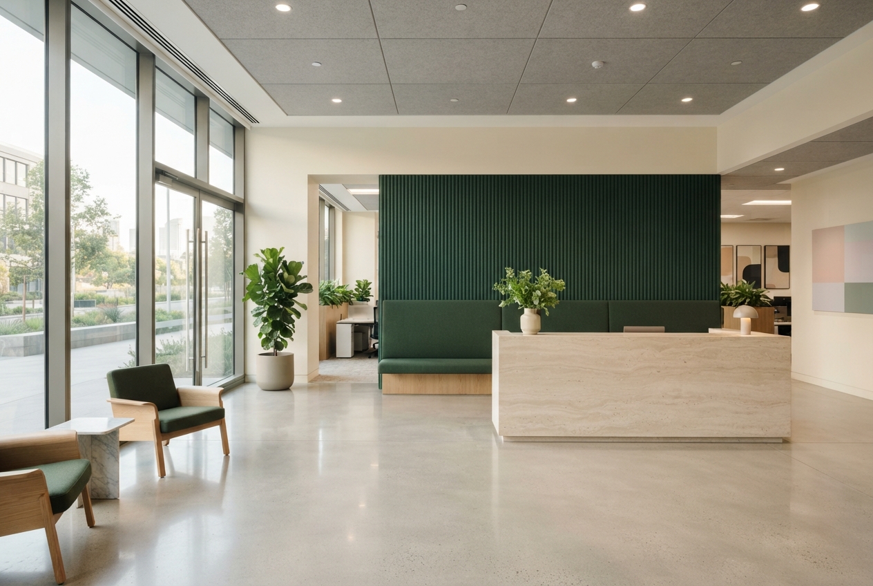 Modern lobby with a green reception desk, ribbed feature wall, plants, lounge chairs, and floor-to-ceiling windows.