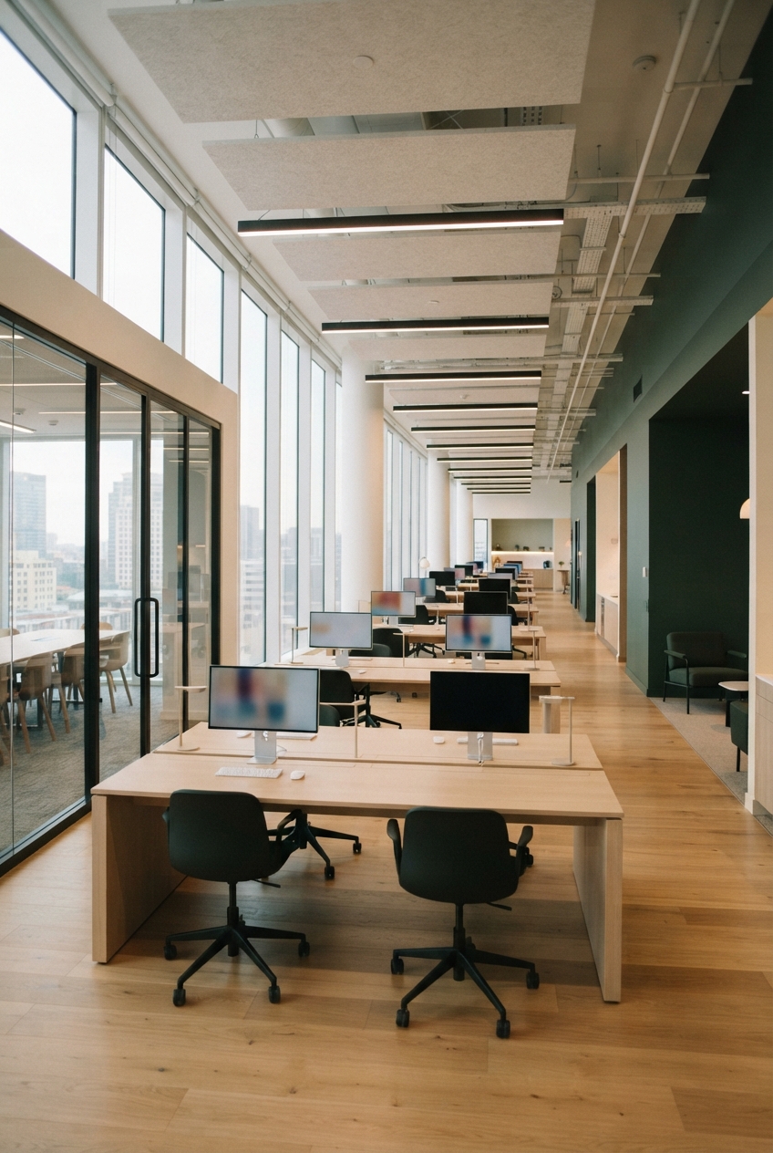 Modern open-plan office with rows of desks, monitors, tall windows, exposed ceiling services, and wood flooring.