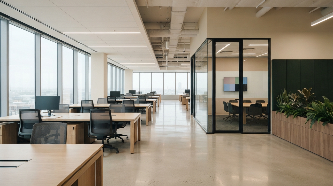 Bright modern open-plan office with desks, monitors, glass conference room, city windows, and a plant-filled cabinet.