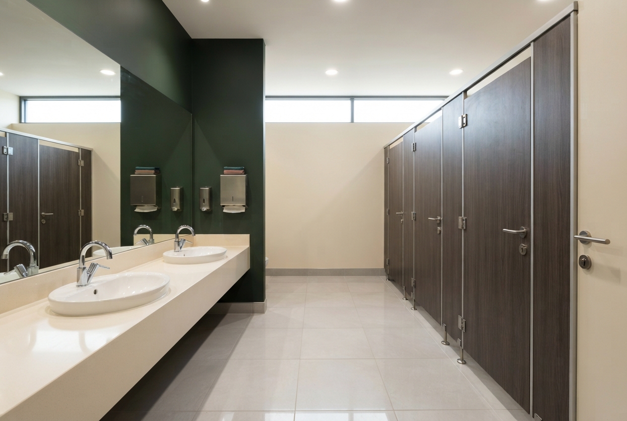 Modern public restroom with two sinks, a large mirror, dark stall doors, dispensers, tiled floor, and overhead windows.